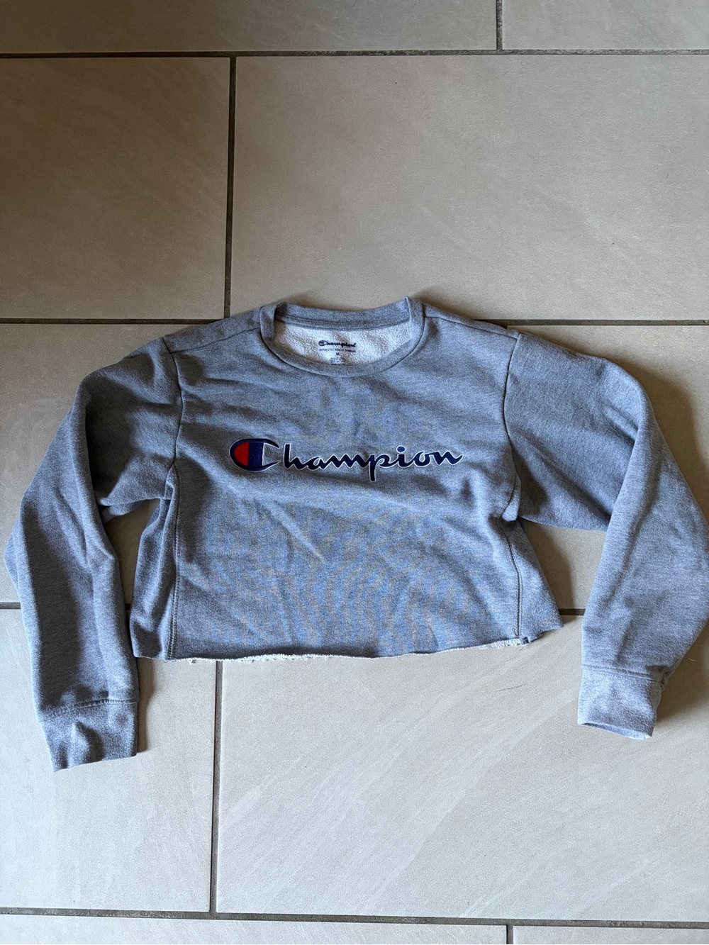 Champion Gray Cropped Crewneck Sweatshirt with Navy Logo